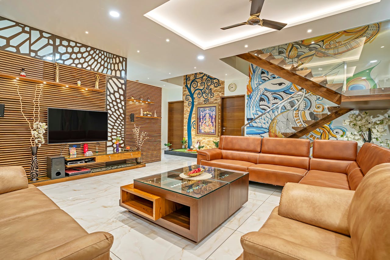 gallery-6 Elegant modern living room with luxurious decor in Mumbai, India.